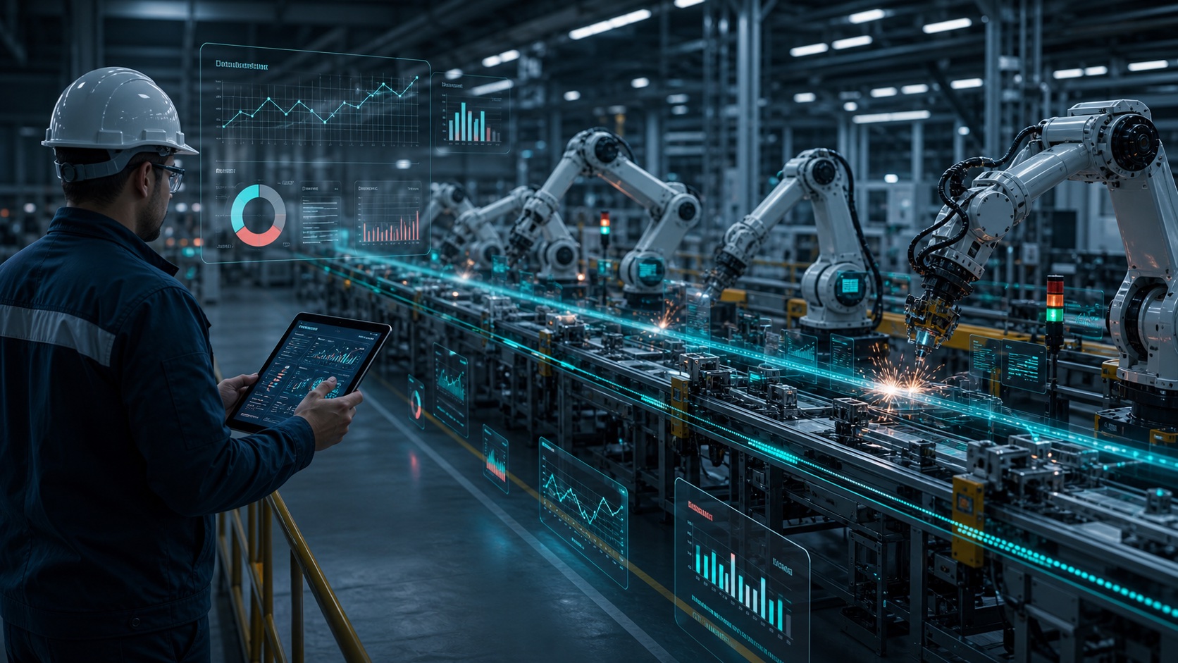 Bağlı makineler ve yapay zeka destekli üretim izleme ekranları